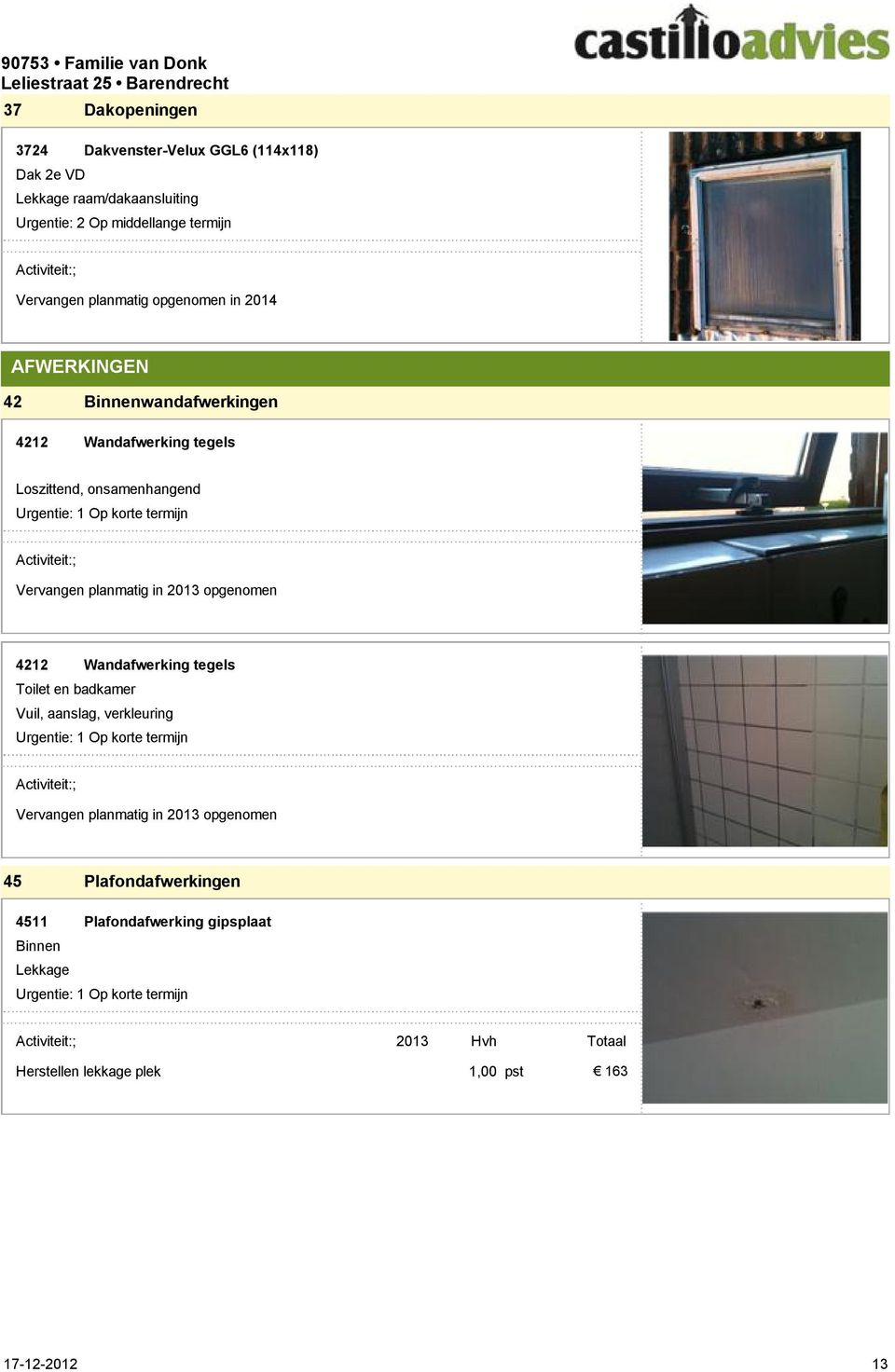 Vervangen planmatig in opgenomen 422 Wandafwerking tegels Toilet en badkamer Vuil, aanslag, verkleuring Urgentie: Op korte termijn