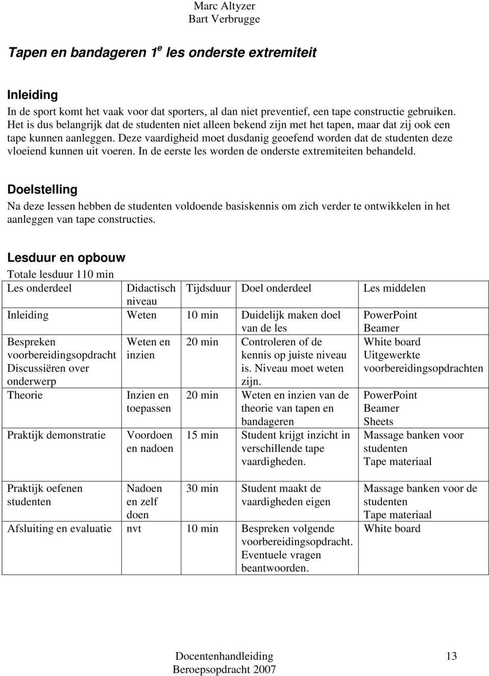 Deze vaardigheid moet dusdanig geoefend worden dat de studenten deze vloeiend kunnen uit voeren. In de eerste les worden de onderste extremiteiten behandeld.