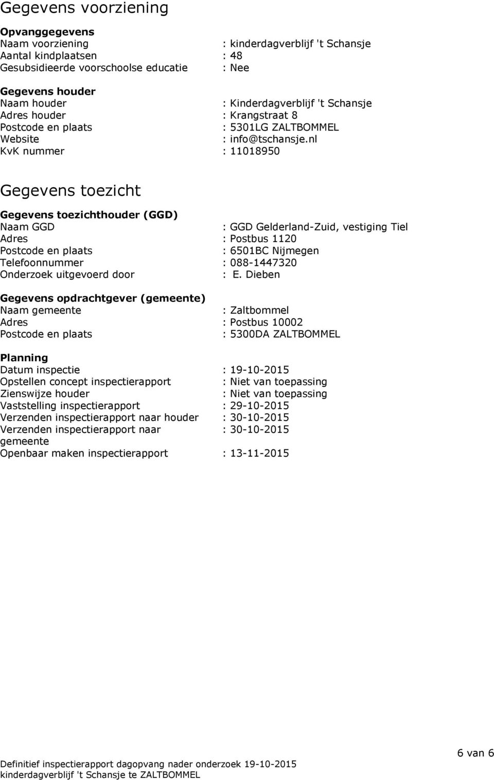 nl KvK nummer : 11018950 Gegevens toezicht Gegevens toezichthouder (GGD) Naam GGD : GGD Gelderland-Zuid, vestiging Tiel Adres : Postbus 1120 Postcode en plaats : 6501BC Nijmegen Telefoonnummer :