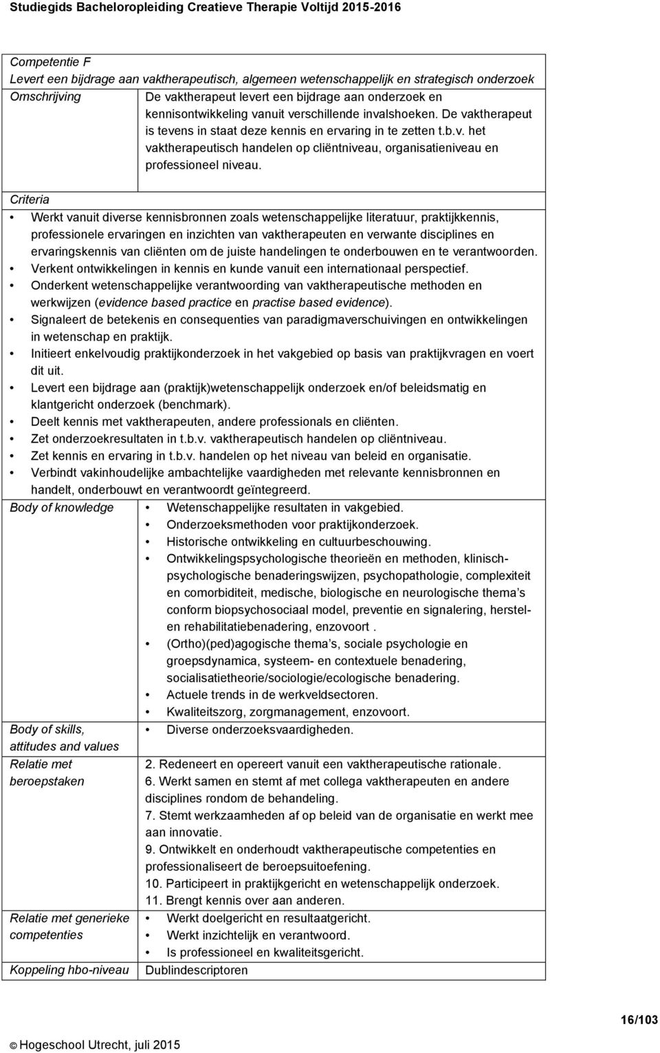 Criteria Werkt vanuit diverse kennisbronnen zoals wetenschappelijke literatuur, praktijkkennis, professionele ervaringen en inzichten van vaktherapeuten en verwante disciplines en ervaringskennis van