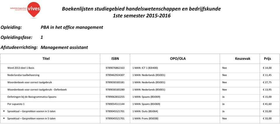 Nederlands (B5I001) Nee 13,95 Oefeningen bij de Basisgrammatica Spaans 9789062832255 1 MAN: Spaans (B5I069) Ja 15,00 Por supuesto 1 9789054511144 1 MAN: Spaans