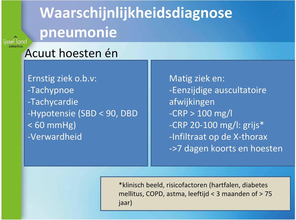 -Eenzijdige auscultatoire afwijkingen -CRP > 100 mg/l -CRP 20-100 mg/l: grijs* -Infiltraat op de