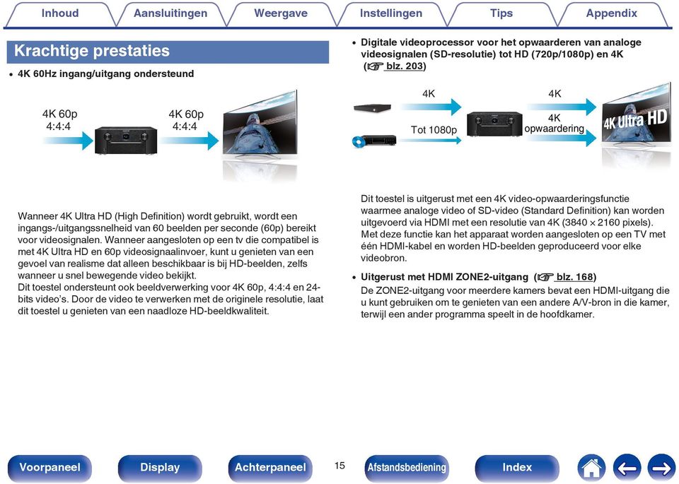 Dit toestel is uitgerust met een 4K video-opwaarderingsfunctie waarmee analoge video of SD-video (Standard Definition) kan worden uitgevoerd via HDMI met een resolutie van 4K (3840 2160 pixels).