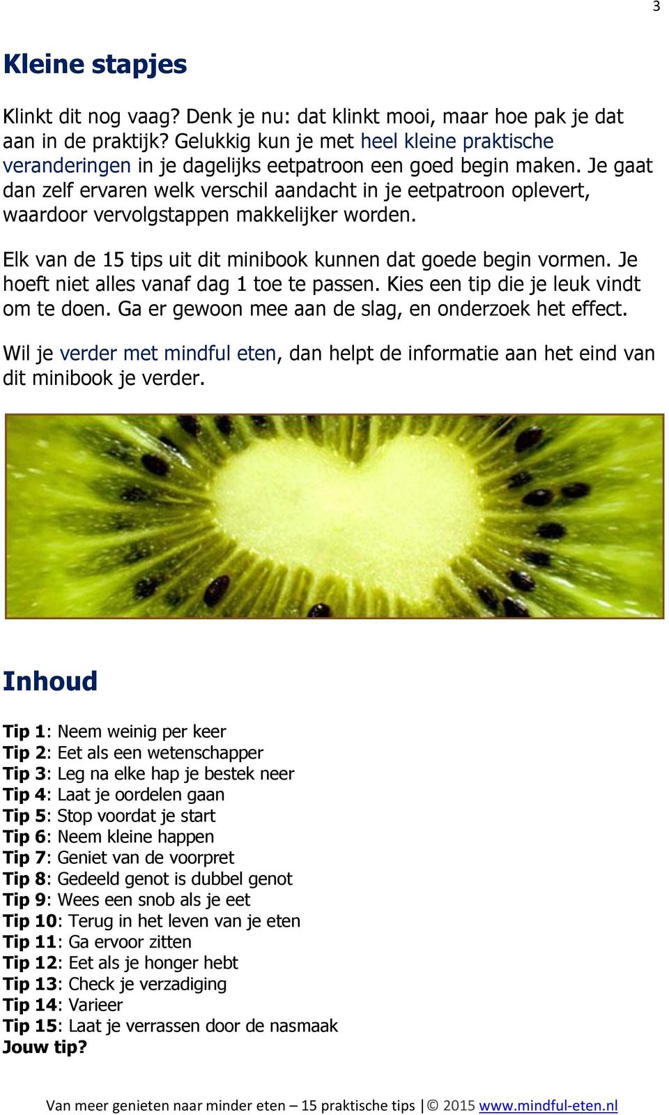 Je gaat dan zelf ervaren welk verschil aandacht in je eetpatroon oplevert, waardoor vervolgstappen makkelijker worden. Elk van de 15 tips uit dit minibook kunnen dat goede begin vormen.