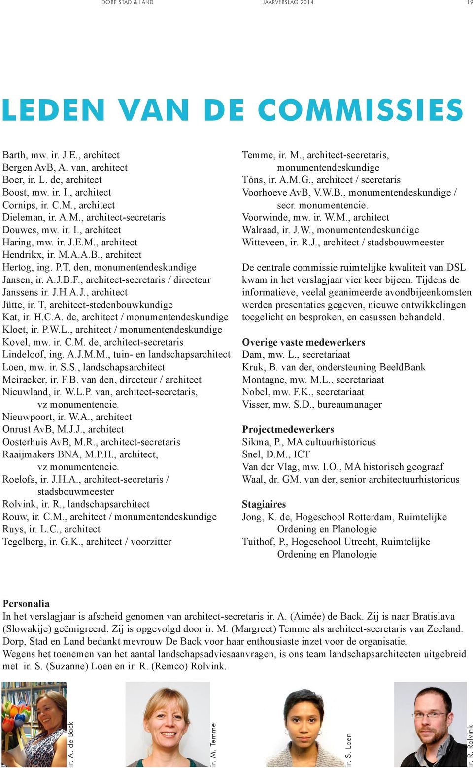 den, monumentendeskundige Jansen, ir. A.J.B.F., architect-secretaris / directeur Janssens ir. J.H.A.J., architect Jütte, ir. T, architect-stedenbouwkundige Kat, ir. H.C.A. de, architect / monumentendeskundige Kloet, ir.