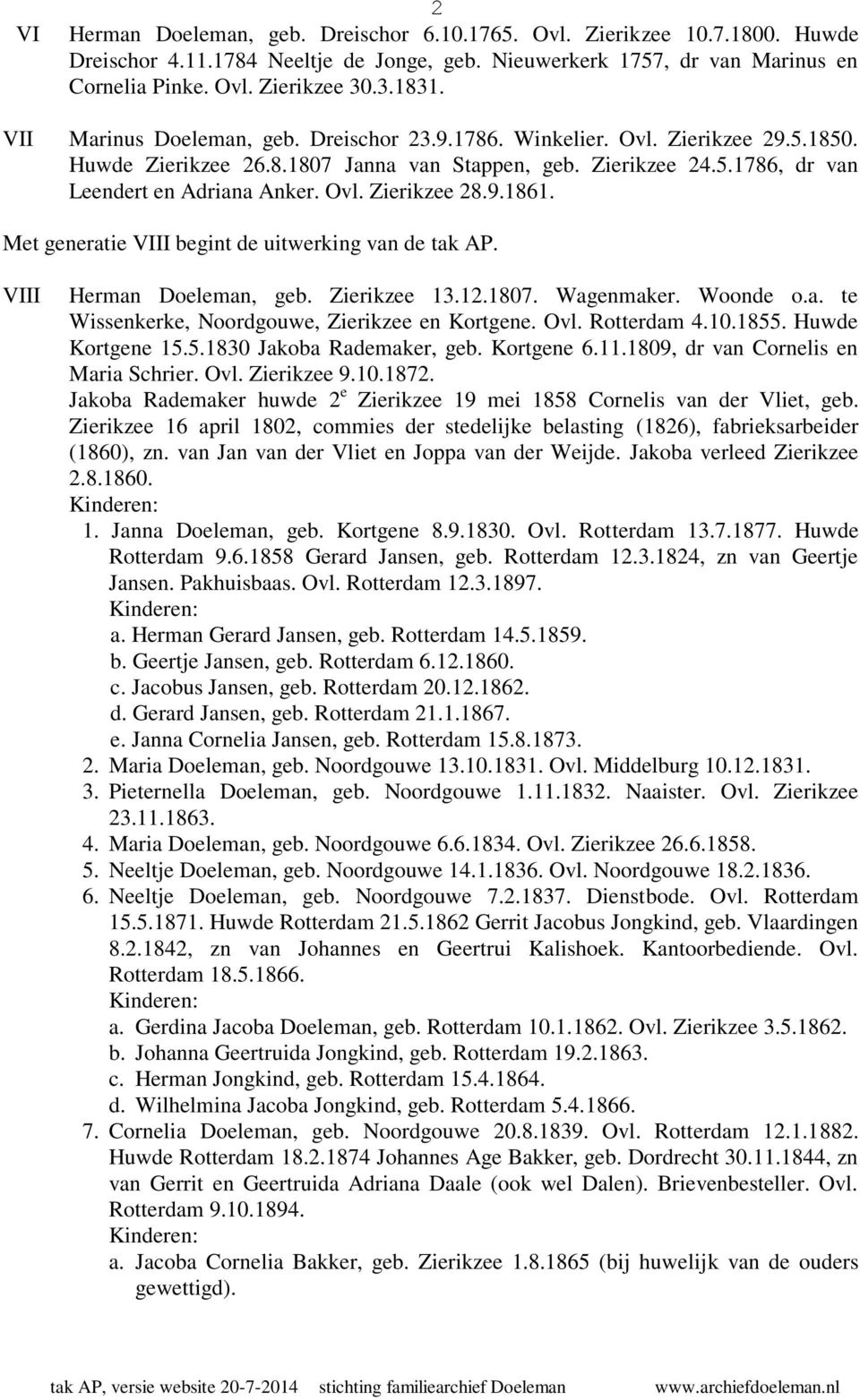 9.1861. Met generatie VIII begint de uitwerking van de tak AP. VIII Herman Doeleman, geb. Zierikzee 13.12.1807. Wagenmaker. Woonde o.a. te Wissenkerke, Noordgouwe, Zierikzee en Kortgene. Ovl.
