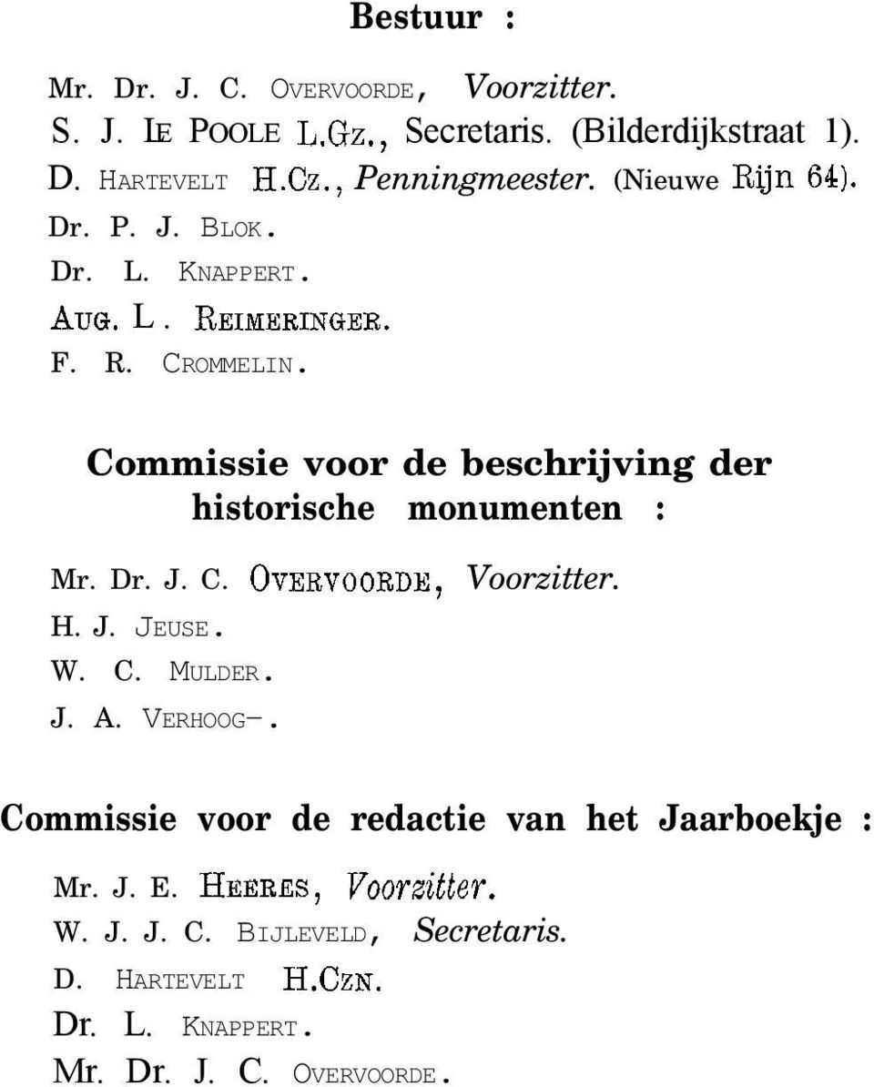 Commissie voor de beschrijving der historische monumenten : Mr. Dr. J. C. OVERVOORDE, Voorzitter. H. J. JEUSE. W. C. MULDER. J. A.