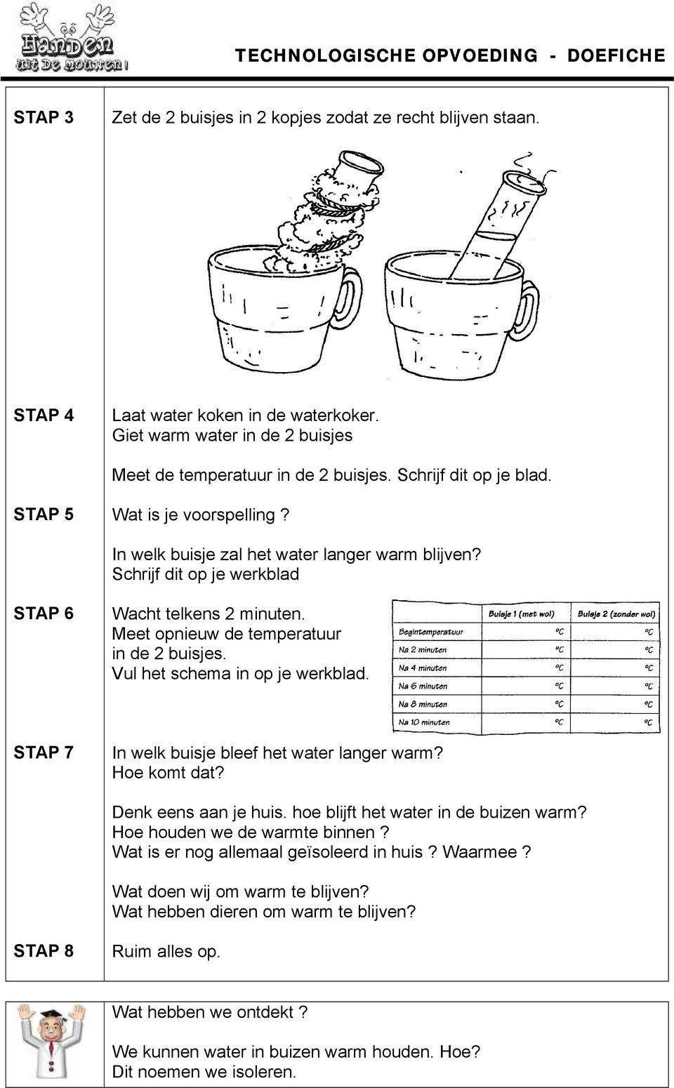 Meet opnieuw de temperatuur in de 2 buisjes. Vul het schema in op je werkblad. STAP 7 In welk buisje bleef het water langer warm? Hoe komt dat? Denk eens aan je huis.