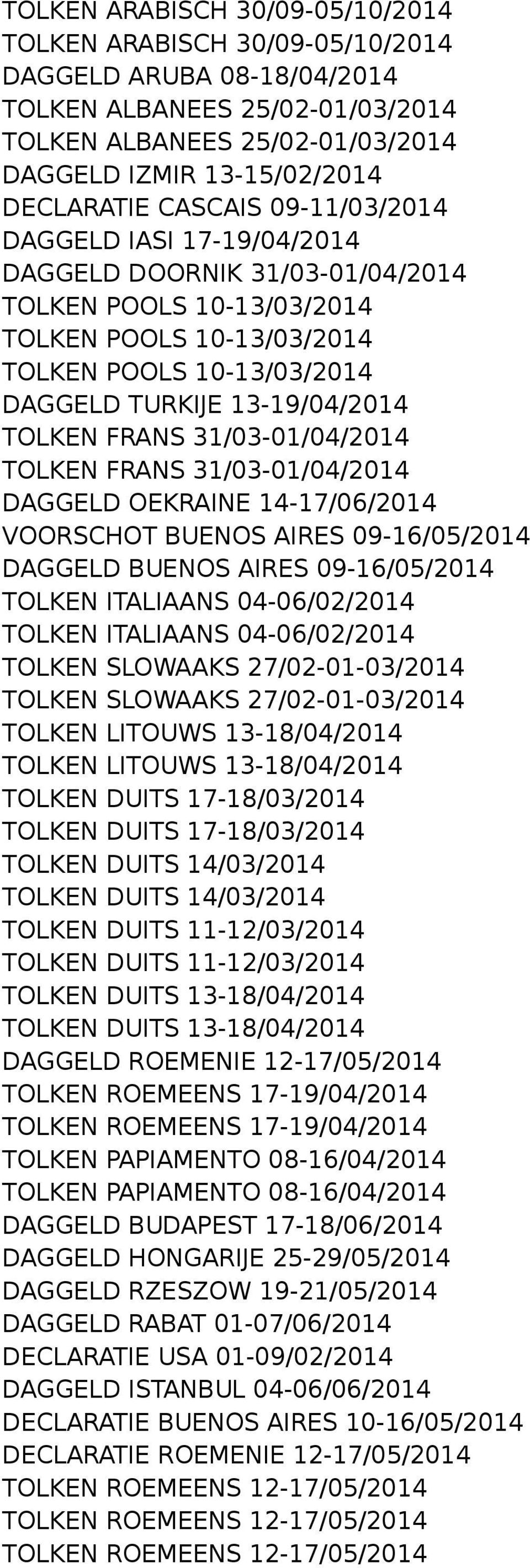 FRANS 31/03-01/04/2014 TOLKEN FRANS 31/03-01/04/2014 DAGGELD OEKRAINE 14-17/06/2014 VOORSCHOT BUENOS AIRES 09-16/05/2014 DAGGELD BUENOS AIRES 09-16/05/2014 TOLKEN ITALIAANS 04-06/02/2014 TOLKEN