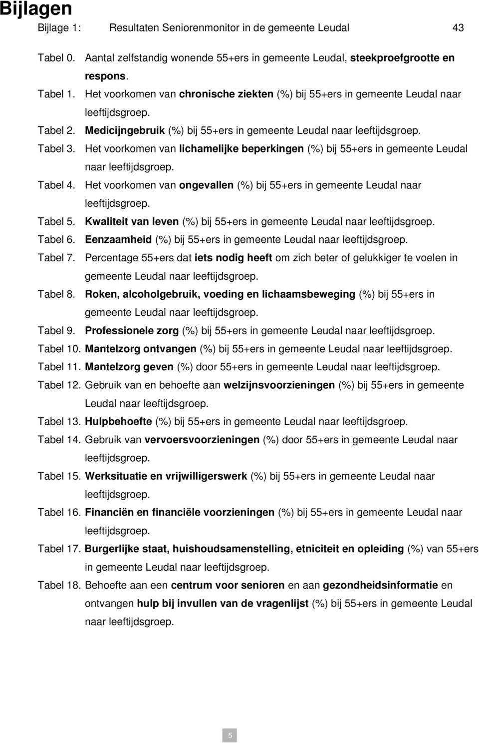 Het voorkomen van lichamelijke beperkingen (%) bij 55+ers in gemeente Leudal naar leeftijdsgroep. Tabel 4. Het voorkomen van ongevallen (%) bij 55+ers in gemeente Leudal naar leeftijdsgroep. Tabel 5.