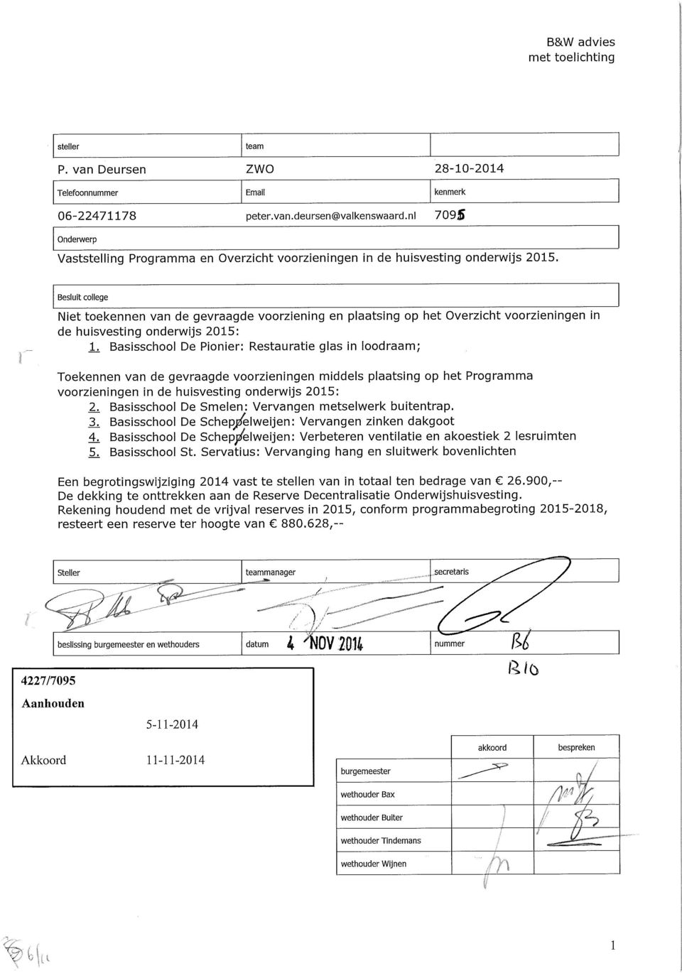 Besluit college Niet toekennen van de gevraagde voorziening en plaatsing op het Overzicht voorzieningen in de huisvesting onderwijs 2015: li Basisschool De Pionier: Restauratie glas in loodraam;