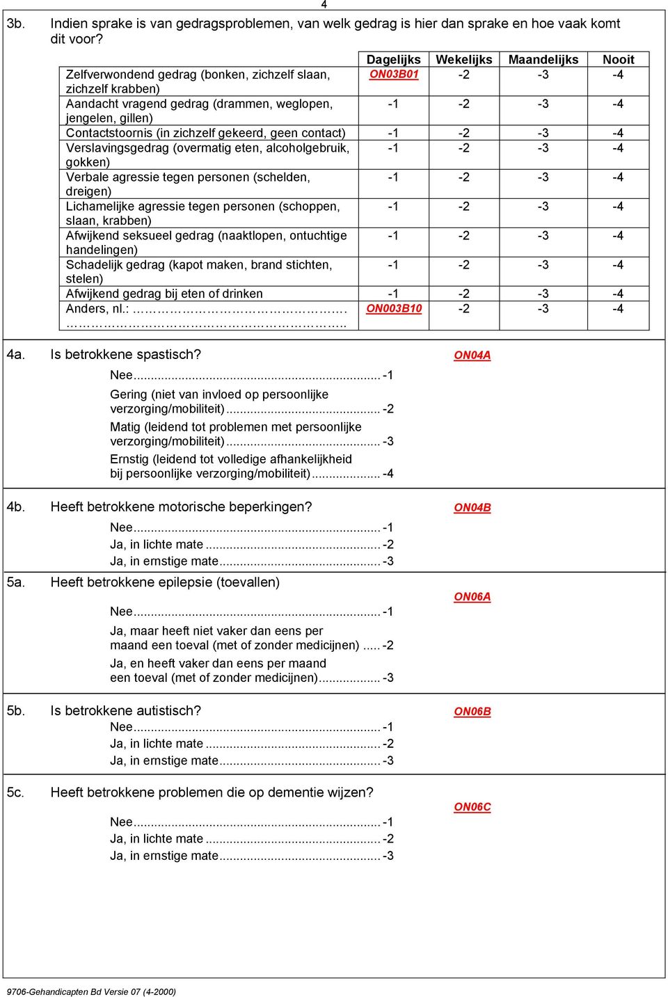 Contactstoornis (in zichzelf gekeerd, geen contact) -1-2 -3-4 Verslavingsgedrag (overmatig eten, alcoholgebruik, -1-2 -3-4 gokken) Verbale agressie tegen personen (schelden, -1-2 -3-4 dreigen)