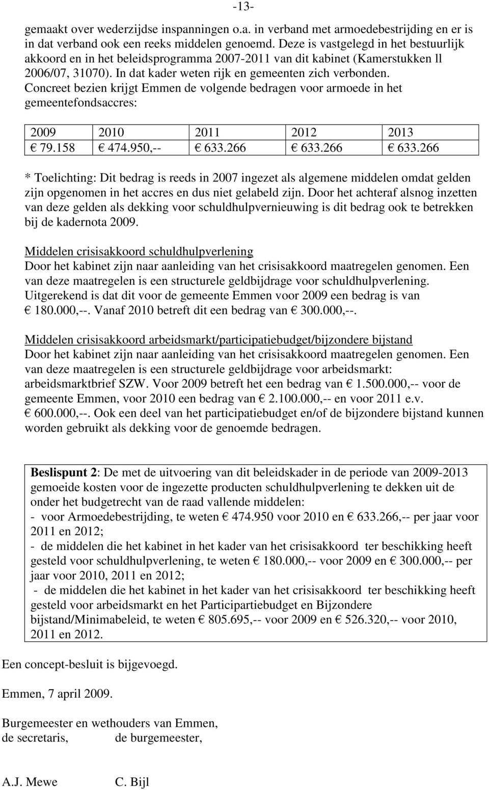 Concreet bezien krijgt Emmen de volgende bedragen voor armoede in het gemeentefondsaccres: 2009 2010 2011 2012 2013 79.158 474.950,-- 633.266 633.