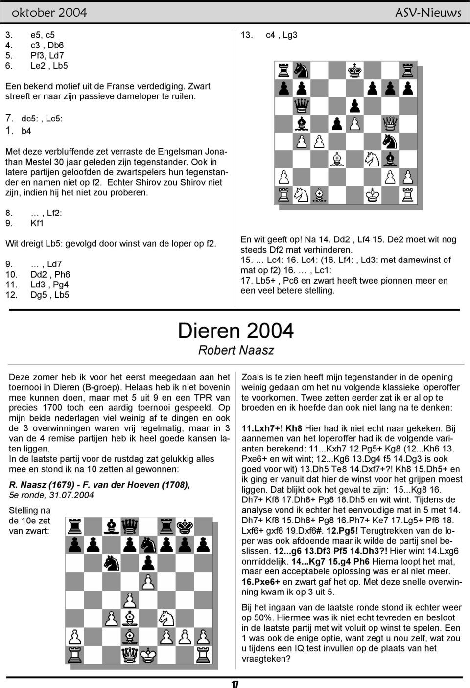 Echter Shirov zou Shirov niet zijn, indien hij het niet zou proberen. 8., Lf2: 9. Kf1 Wit dreigt Lb5: gevolgd door winst van de loper op f2. 9., Ld7 10. Dd2, Ph6 11. Ld3, Pg4 12.