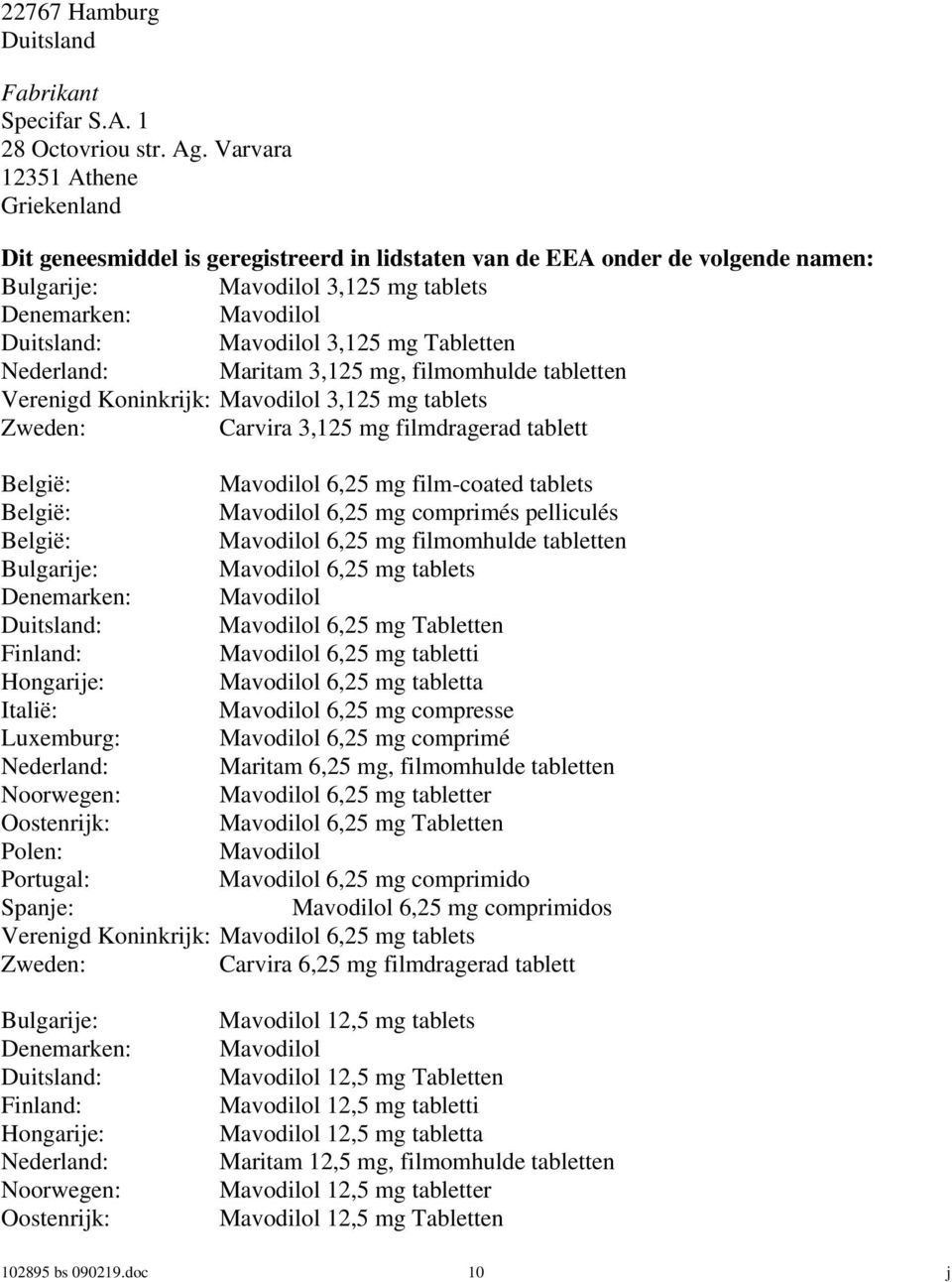 3,125 mg Tabletten Nederland: Maritam 3,125 mg, filmomhulde tabletten Verenigd Koninkrijk: Mavodilol 3,125 mg tablets Zweden: Carvira 3,125 mg filmdragerad tablett België: Mavodilol 6,25 mg