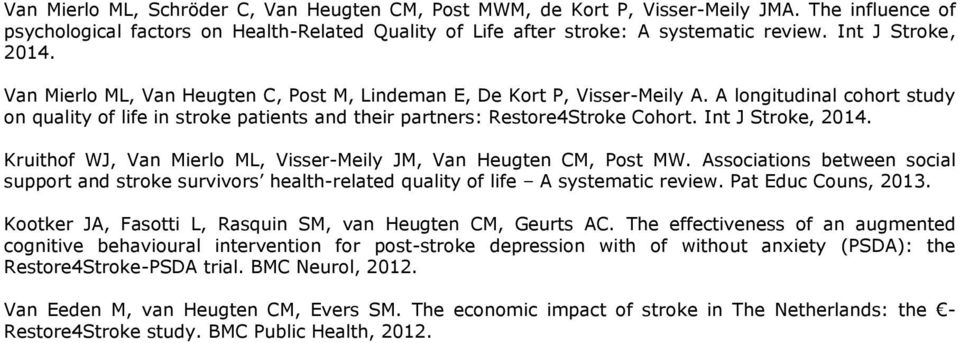 A longitudinal cohort study on quality of life in stroke patients and their partners: Restore4Stroke Cohort. Int J Stroke, 2014. Kruithof WJ, Van Mierlo ML, Visser-Meily JM, Van Heugten CM, Post MW.