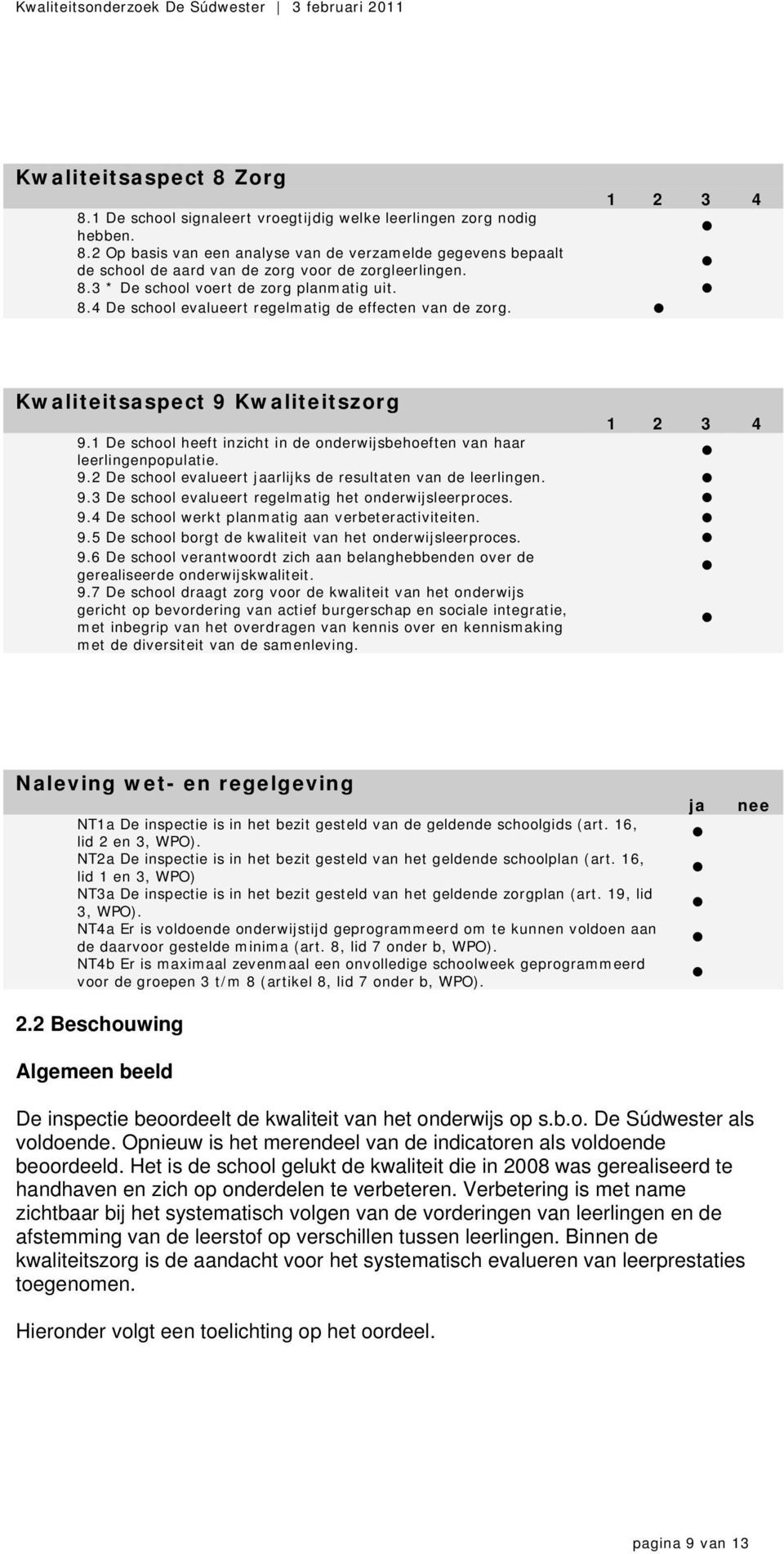 1 De school heeft inzicht in de onderwijsbehoeften van haar leerlingenpopulatie. 9.2 De school evalueert jaarlijks de resultaten van de leerlingen. 9.3 De school evalueert regelmatig het onderwijsleerproces.