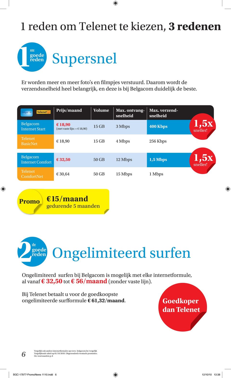 Belgacom Internet Start Telenet BasicNet Belgacom Internet Comfort Telenet ComfortNet Prijs/maand Volume Max. ontvangsnelheid 18,90 (met vaste lijn: + 18,90) Max.