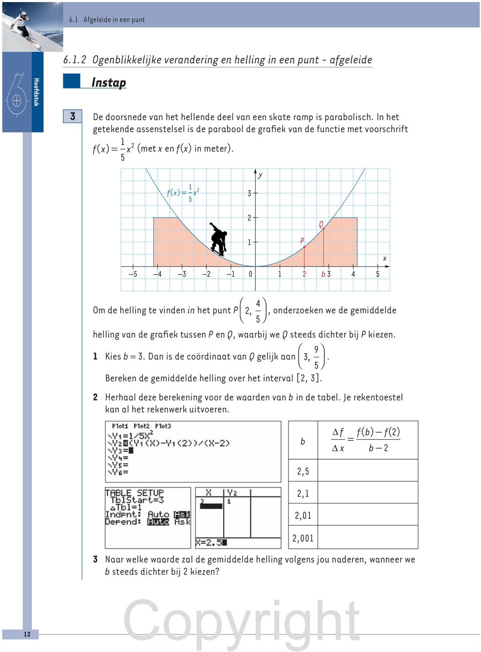 5 f ()= 5 3 Q P 5 3 0 b3 5 Om de helling te vinden in het punt P, 5, onderzoeken we de gemiddelde helling vn de grfiek tussen P en Q, wrbij we Q steeds dichter bij P kiezen. Kies b = 3.