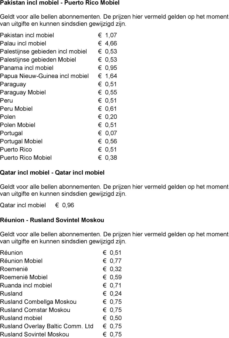 Puerto Rico Mobiel 0,38 Qatar incl mobiel - Qatar incl mobiel Qatar incl mobiel 0,96 Réunion - Rusland Sovintel Moskou Réunion 0,51 Réunion Mobiel 0,77 Roemenië 0,32 Roemenië Mobiel