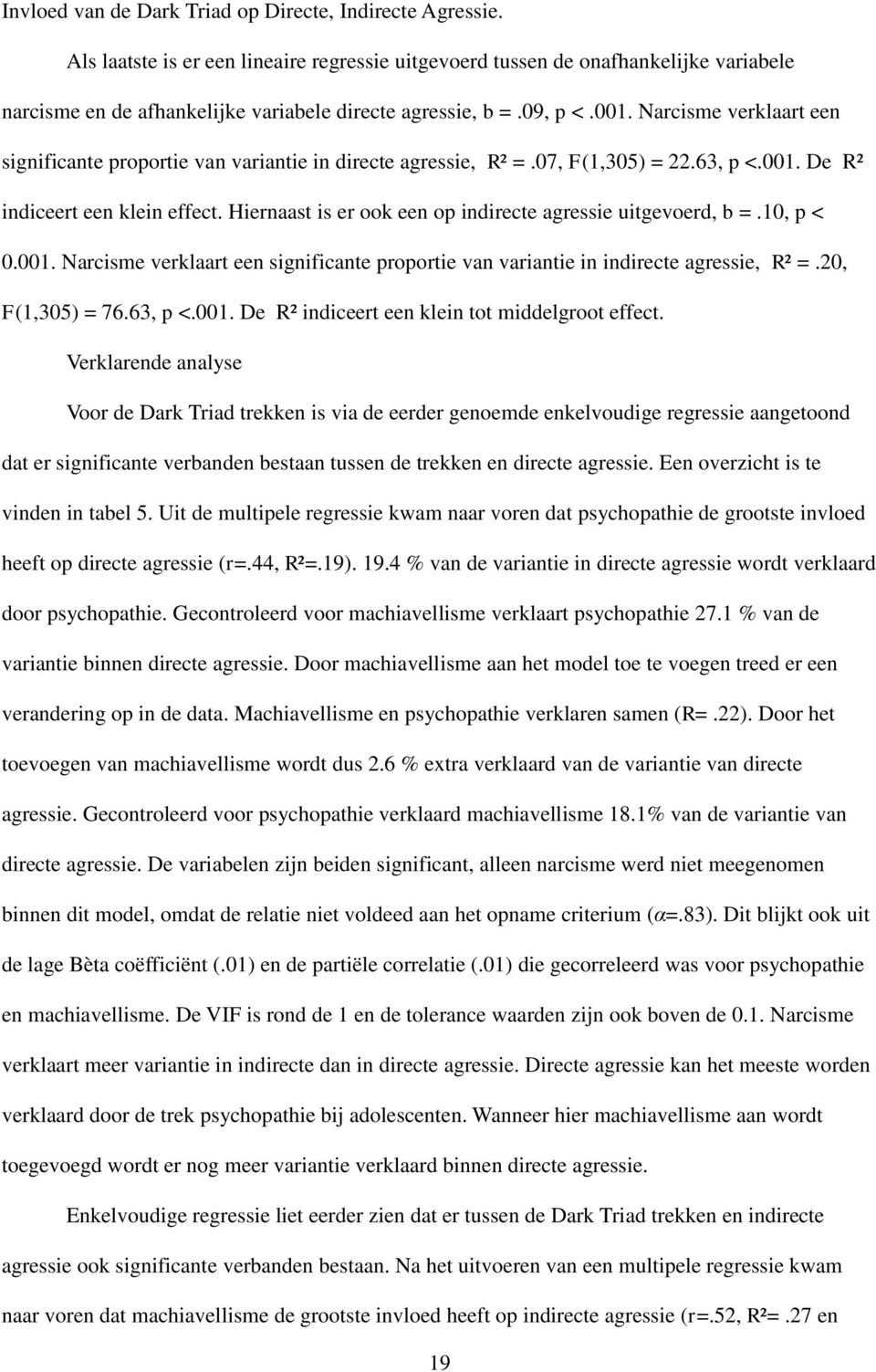 Hiernaast is er ook een op indirecte agressie uitgevoerd, b =.10, p < 0.001. Narcisme verklaart een significante proportie van variantie in indirecte agressie, R² =.20, F(1,305) = 76.63, p <.001. De R² indiceert een klein tot middelgroot effect.