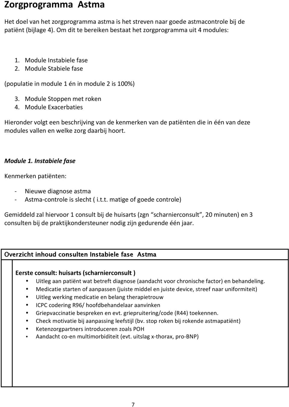 Module Exacerbaties Hieronder volgt een beschrijving van de kenmerken van de patiënten die in één van deze modules vallen en welke zorg daarbij hoort. Module 1.