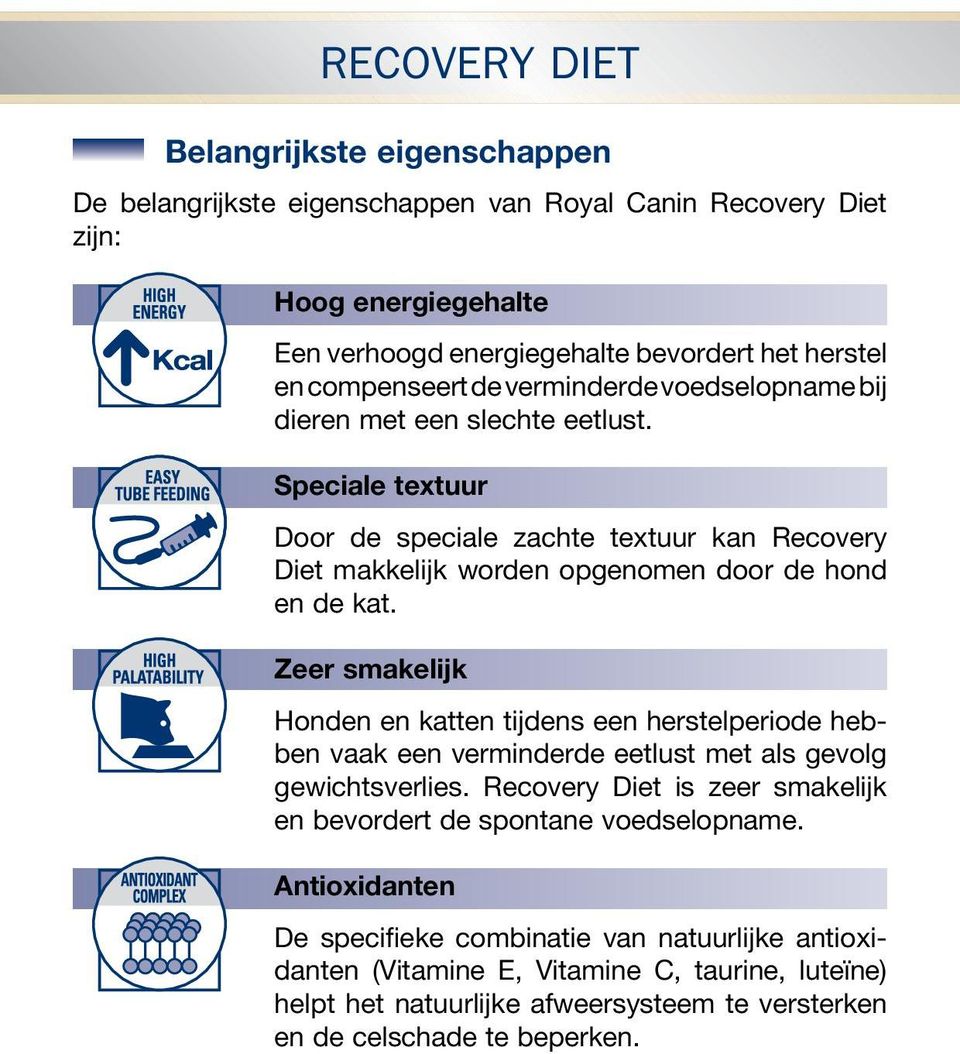 Speciale textuur Door de speciale zachte textuur kan Recovery Diet makkelijk worden opgenomen door de hond en de kat.