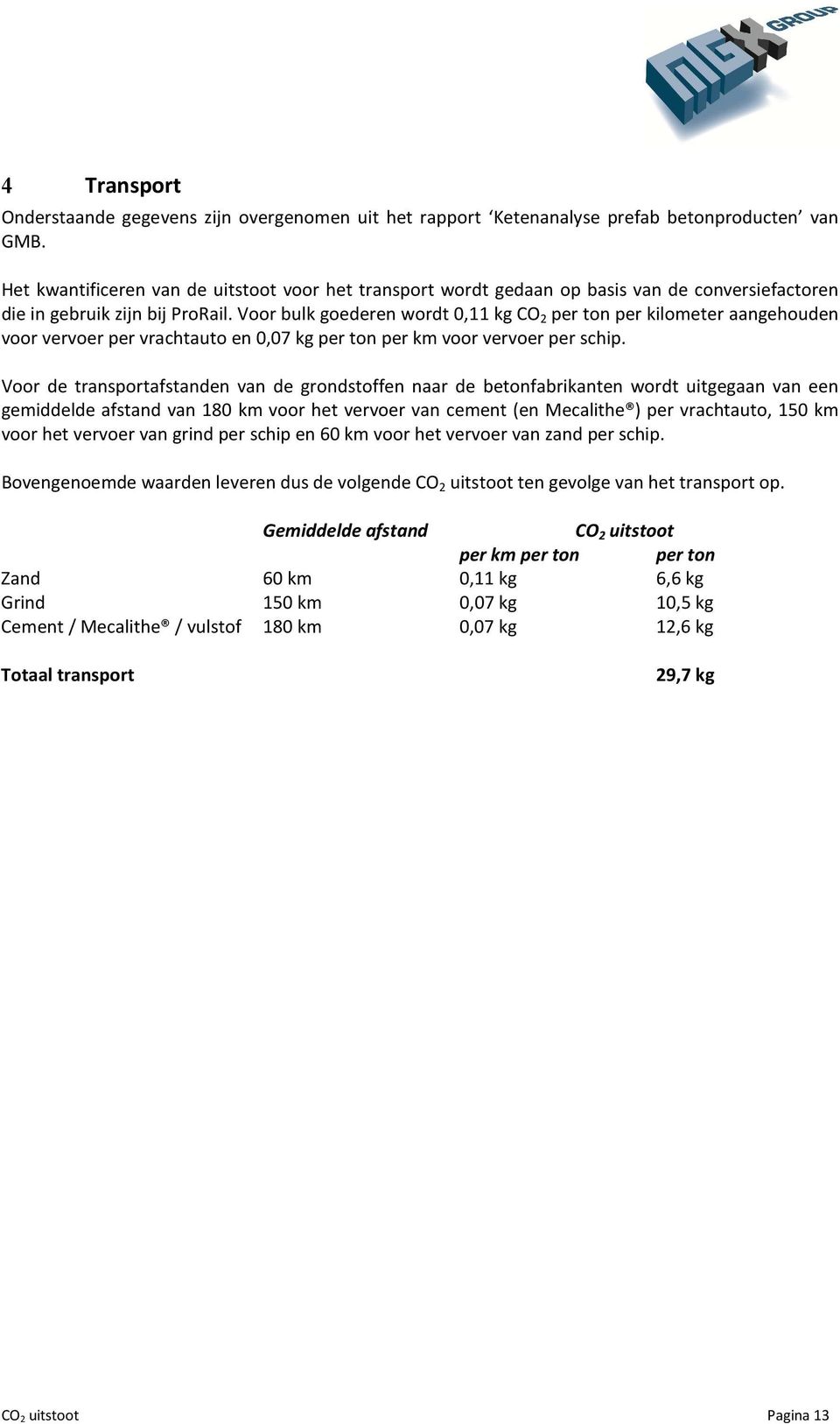 Voor bulk goederen wordt 0,11 kg CO 2 per ton per kilometer aangehouden voor vervoer per vrachtauto en 0,07 kg per ton per km voor vervoer per schip.