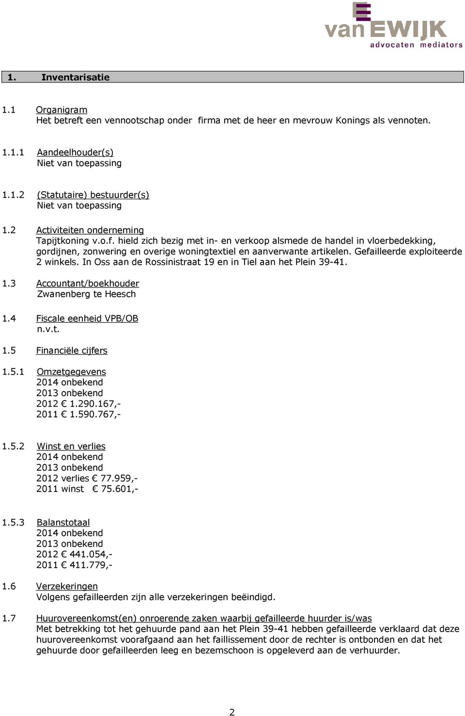 Gefailleerde exploiteerde 2 winkels. In Oss aan de Rossinistraat 19 en in Tiel aan het Plein 39-41. 1.3 Accountant/boekhouder Zwanenberg te Heesch 1.4 Fiscale eenheid VPB/OB 1.5 Financiële cijfers 1.