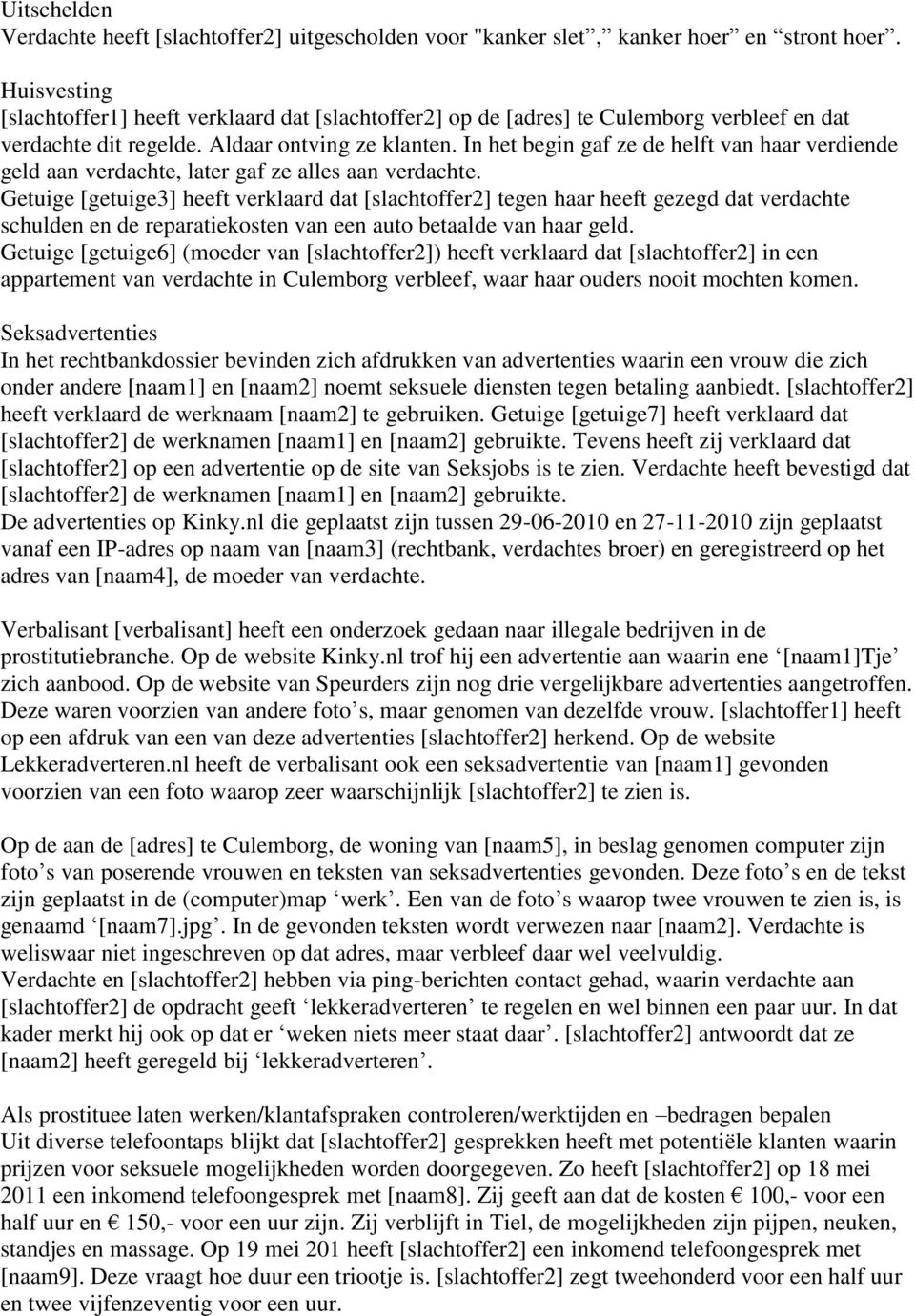 In het begin gaf ze de helft van haar verdiende geld aan verdachte, later gaf ze alles aan verdachte.