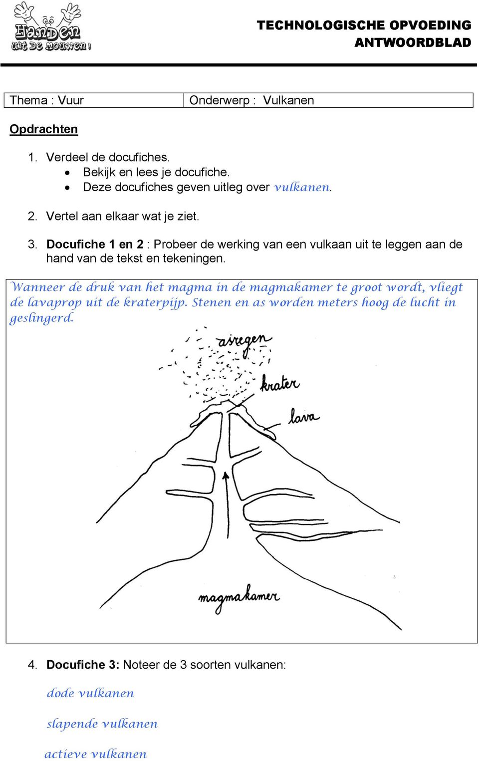 Docufiche 1 en 2 : Probeer de werking van een vulkaan uit te leggen aan de hand van de tekst en tekeningen.