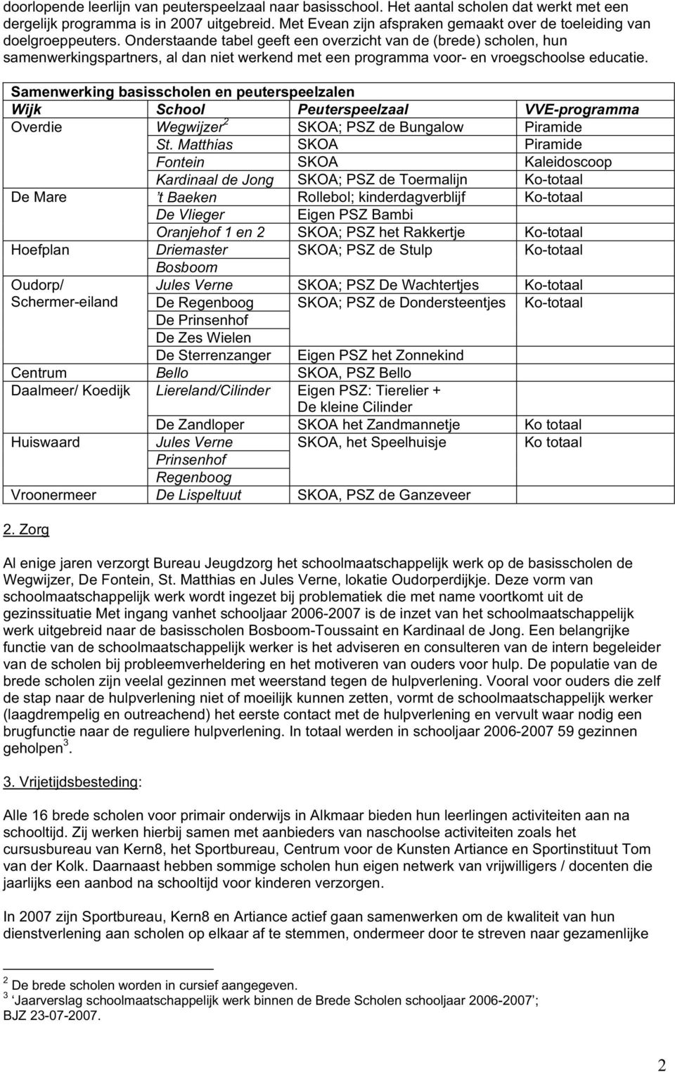 Onderstaande tabel geeft een overzicht van de (brede) scholen, hun samenwerkingspartners, al dan niet werkend met een programma voor- en vroegschoolse educatie.