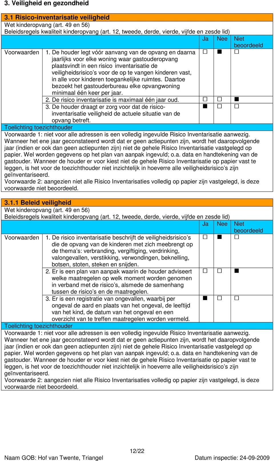 in alle voor kinderen toegankelijke ruimtes. Daartoe bezoekt het gastouderbureau elke opvangwoning minimaal één keer per jaar. 2. De risico inventarisatie is maximaal één jaar oud. 3.