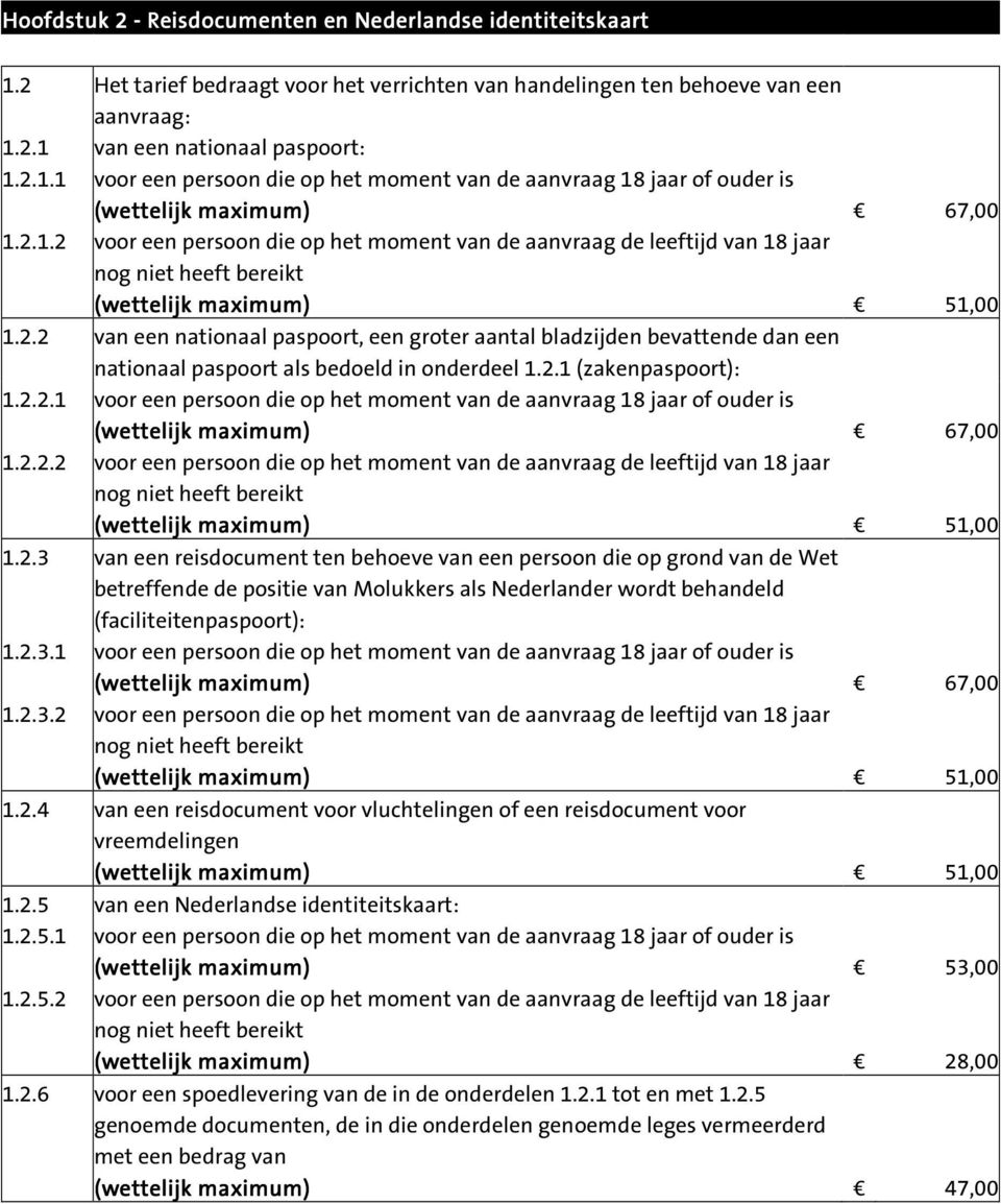 2.1 (zakenpaspoort): 1.2.2.1 voor een persoon die op het moment van de aanvraag 18 jaar of ouder is (wettelijk maximum) 67,00 1.2.2.2 voor een persoon die op het moment van de aanvraag de leeftijd van 18 jaar nog niet heeft bereikt (wettelijk maximum) 51,00 1.