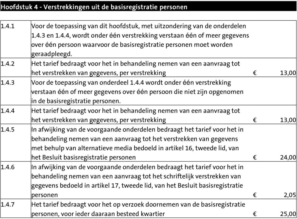 1.4.4 Het tarief bedraagt voor het in behandeling nemen van een aanvraag tot het verstrekken van gegevens, per verstrekking 13,00 1.4.5 In afwijking van de voorgaande onderdelen bedraagt het tarief