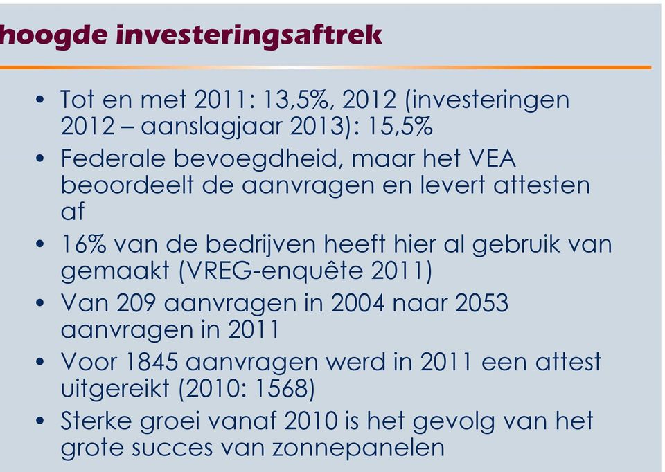 gebruik van gemaakt (VREG-enquête 2011) Van 209 aanvragen in 2004 naar 2053 aanvragen in 2011 Voor 1845