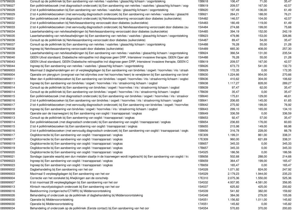 vaatvlies / glasachtig lichaam / oogontsteking 15B620 197,49 136,00 61,49 079799029 2 tot 4 polikliniekbezoeken (met eenvoudig diagnostisch onderzoek) bij Een aandoening van netvlies / vaatvlies /