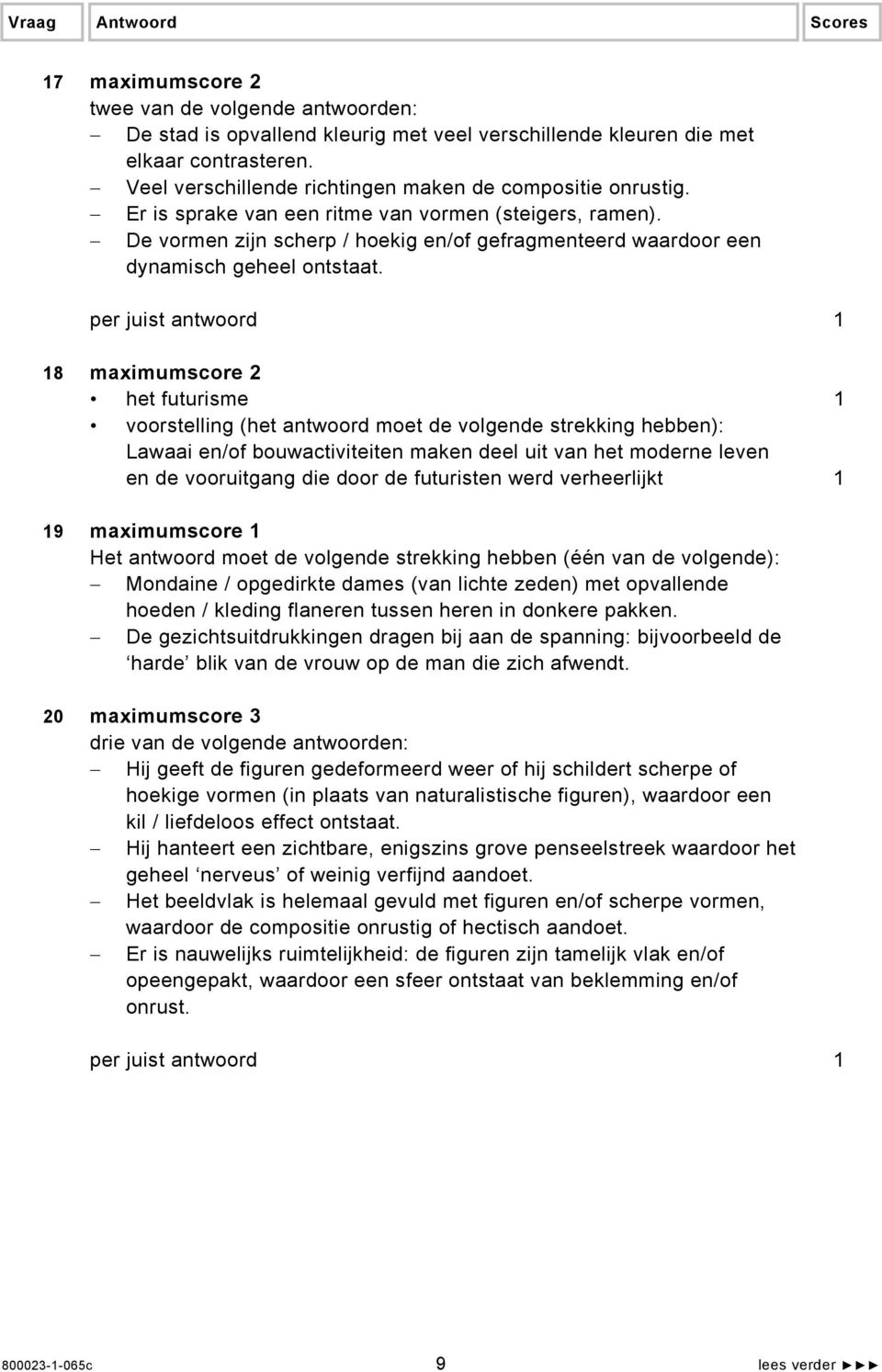 18 maximumscore 2 het futurisme 1 voorstelling (het antwoord moet de volgende strekking hebben): Lawaai en/of bouwactiviteiten maken deel uit van het moderne leven en de vooruitgang die door de