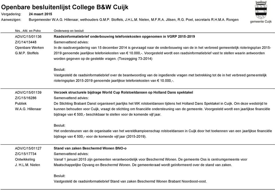 rioleringsplan 2015-2019 genoemde jaarlijkse telefoniekosten van 10.000,-. Voorgesteld wordt een raadsinformatiebrief vast te stellen waarin antwoorden worden gegeven op de gestelde vragen.