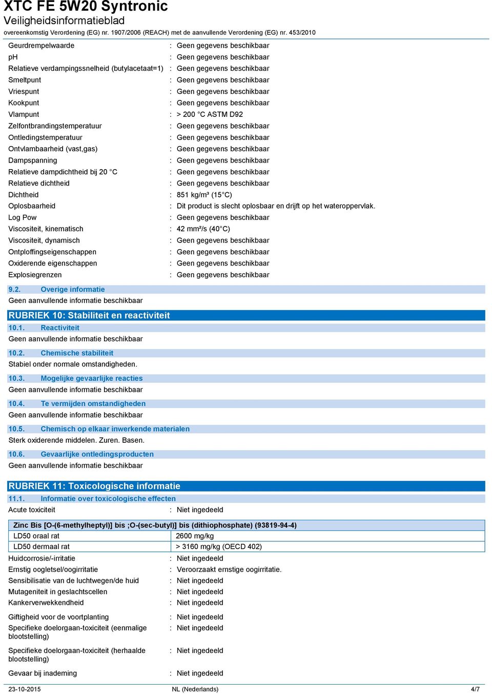 9.2. Overige informatie RUBRIEK 10: Stabiliteit en reactiviteit 10.1. Reactiviteit 10.2. Chemische stabiliteit Stabiel onder normale omstandigheden. 10.3. Mogelijke gevaarlijke reacties 10.4.