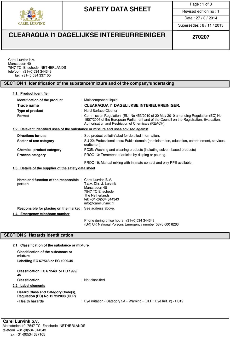 : Hard Surface Cleaner. 1.2. Relevant identified uses of the substance or mixture and uses advised against Directions for use Sector of use category Chemical product category Process category 1.3.