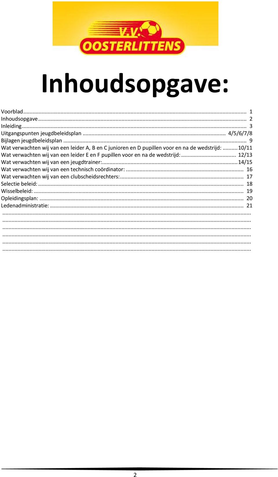 .. 10/11 Wat verwachten wij van een leider E en F pupillen voor en na de wedstrijd:... 12/13 Wat verwachten wij van een jeugdtrainer:.