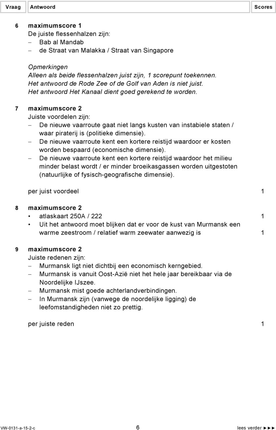 7 maximumscore 2 Juiste voordelen zijn: De nieuwe vaarroute gaat niet langs kusten van instabiele staten / waar piraterij is (politieke dimensie).