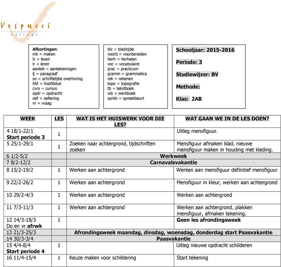 6 /-5/ Werkweek 7 8/-/ Carnavalsvakantie 8 5/-9/ Werken aan achtergrond Werken aan mensfiguur definitief mensfiguur 9 /-6/ Werken aan achtergrond Mensfiguur in kleur, werken aan achtergrond 0 9/-4/3