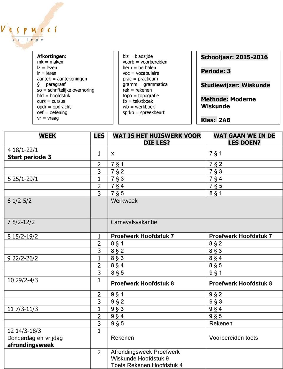 7 8/-/ Carnavalsvakantie 8 5/-9/ Proefwerk Hoofdstuk 7 Proefwerk Hoofdstuk 7 8 8 3 8 8 3 9 /-6/ 8 3 8 4 8 4 8 5 3 8 5 9 0 9/-4/3 Proefwerk