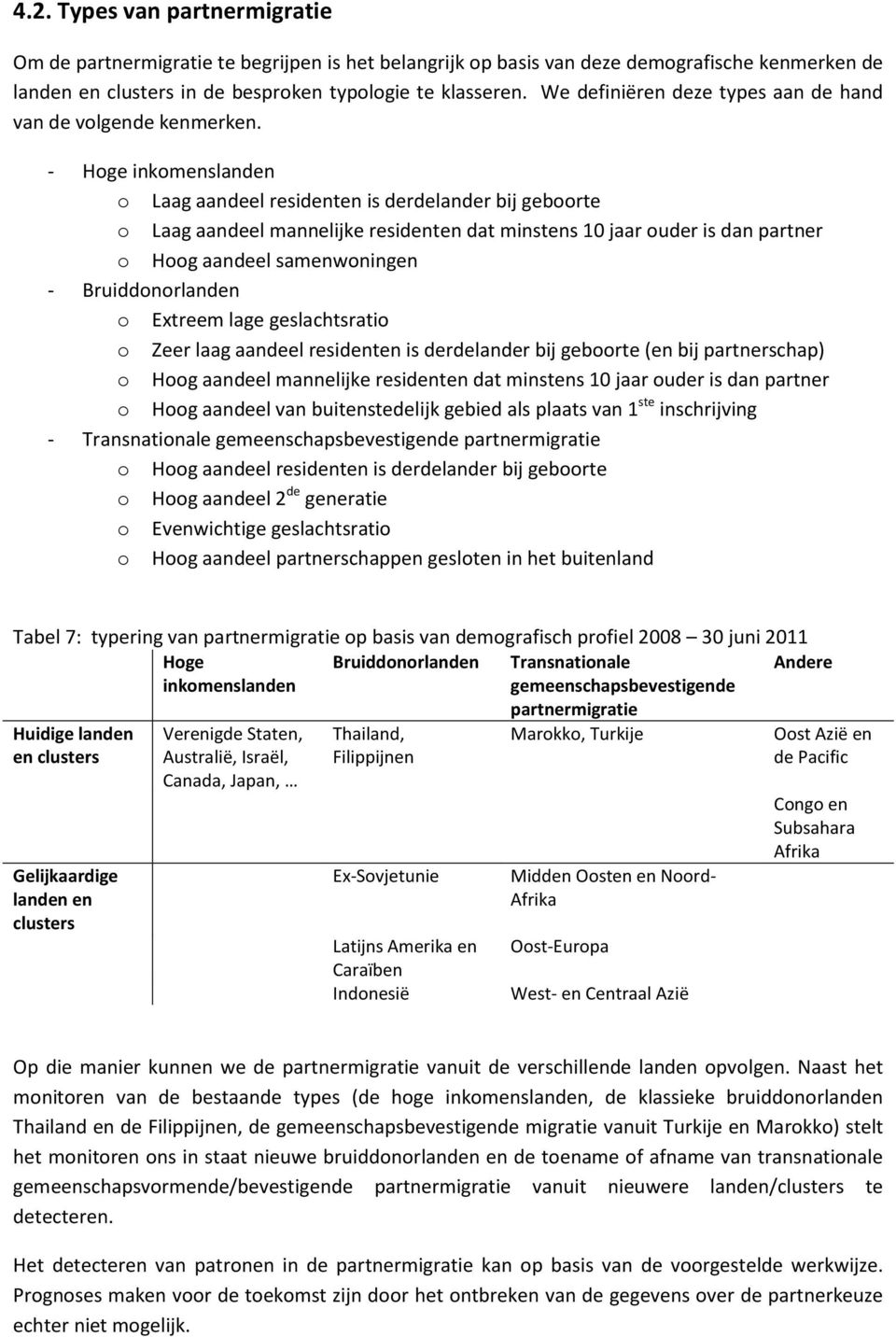 - Hoge inkomenslanden o Laag aandeel residenten is derdelander bij geboorte o Laag aandeel mannelijke residenten dat minstens 10 jaar ouder is dan partner o Hoog aandeel samenwoningen -