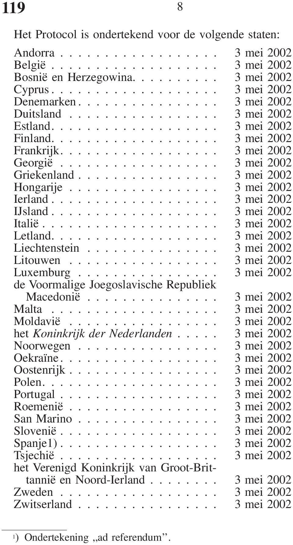 .. 3mei2002 Letland.... 3mei2002 Liechtenstein... 3mei2002 Litouwen... 3mei2002 Luxemburg... 3mei2002 de Voormalige Joegoslavische Republiek Macedonië... 3mei2002 Malta... 3mei2002 Moldavië.