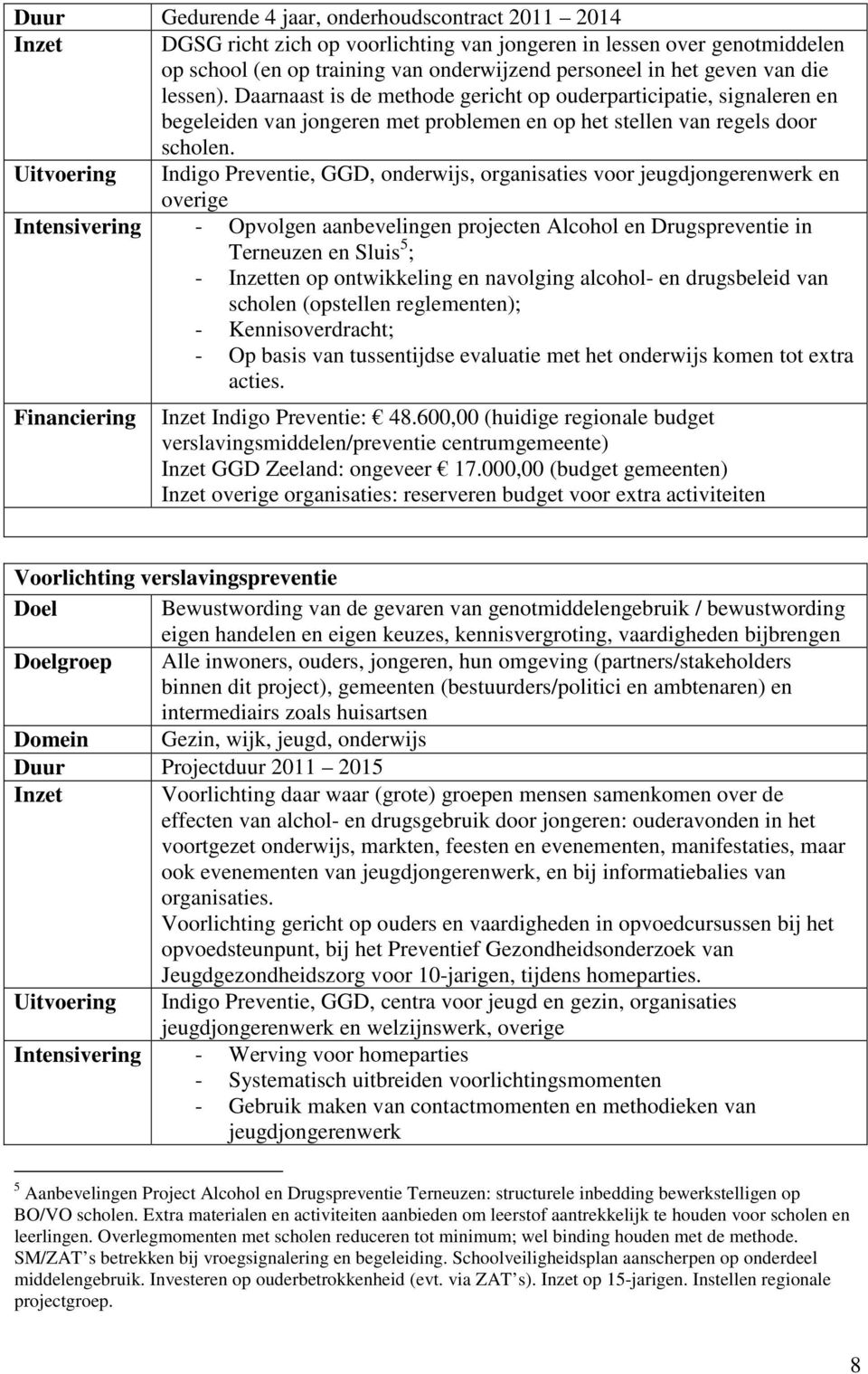 Uitvoering Indigo Preventie, GGD, onderwijs, organisaties voor jeugdjongerenwerk en overige Intensivering - Opvolgen aanbevelingen projecten Alcohol en Drugspreventie in Terneuzen en Sluis 5 ; -