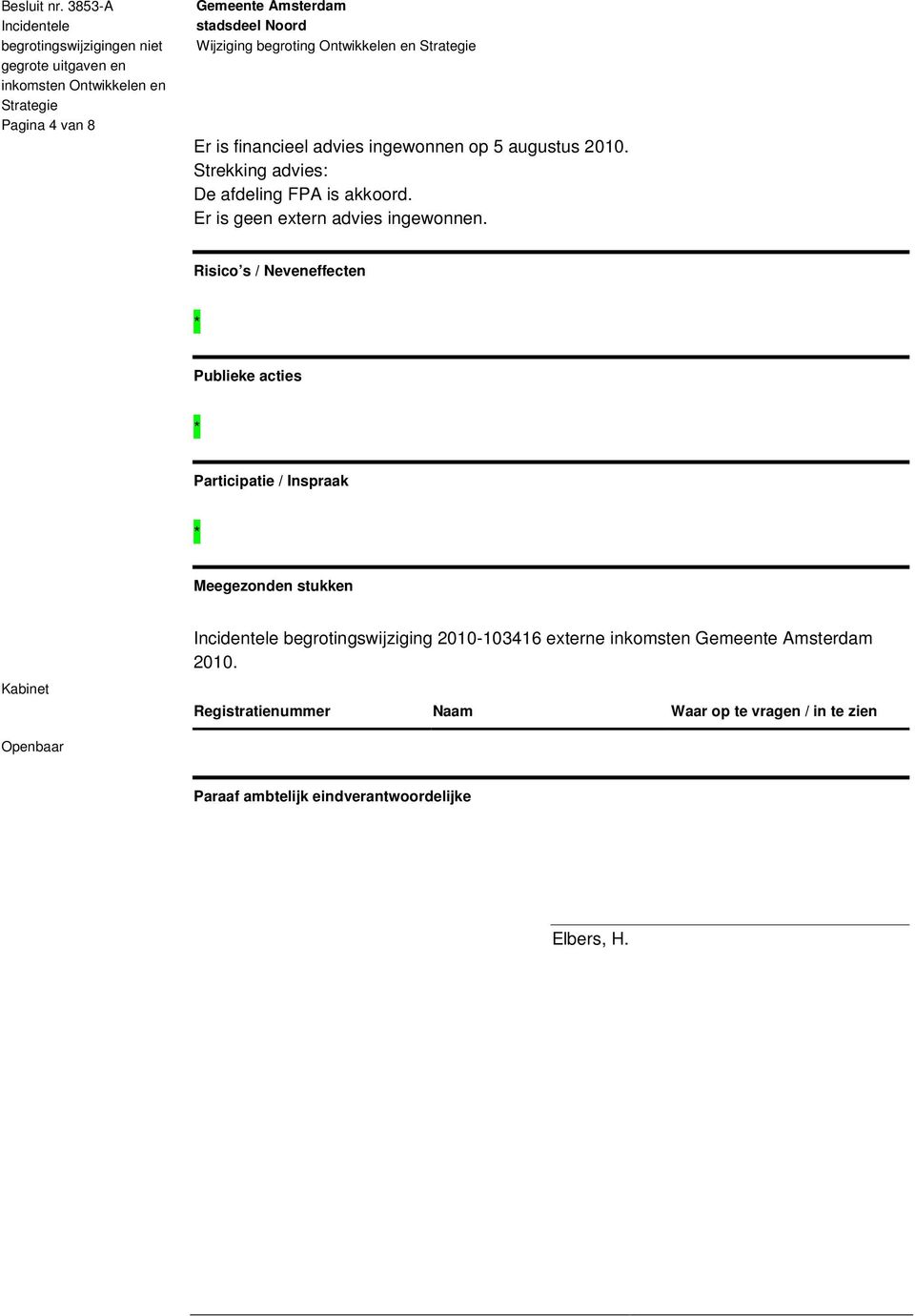 Risico s / Neveneffecten * Publieke acties * Participatie / Inspraak * Meegezonden stukken Kabinet