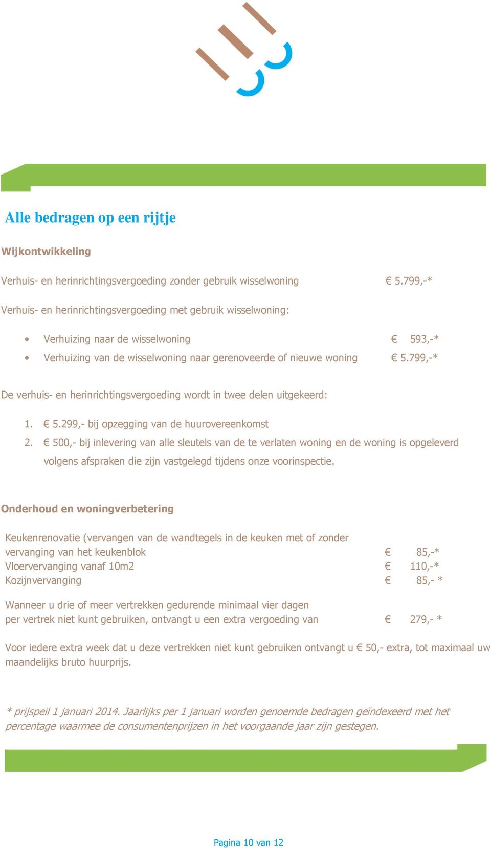 99,-* De verhuis- en herinrichtingsvergoeding wordt in twee delen uitgekeerd: 1. 5.299,- bij opzegging van de huurovereenkomst 2.